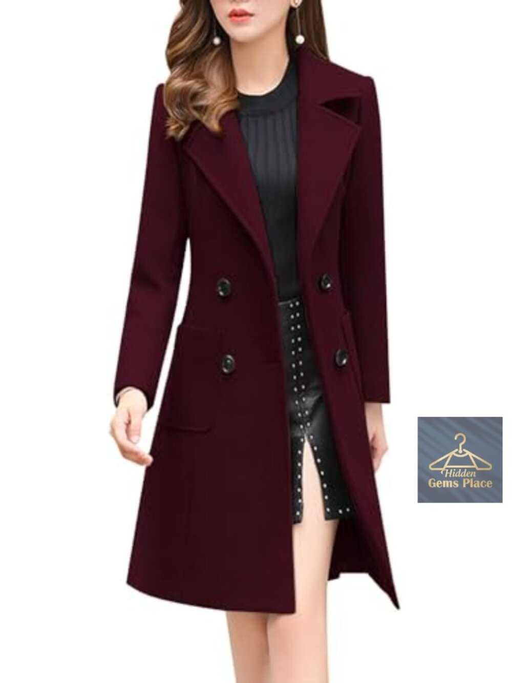 Elegant Notched Collar Double Breasted Wool Blend Over Coat